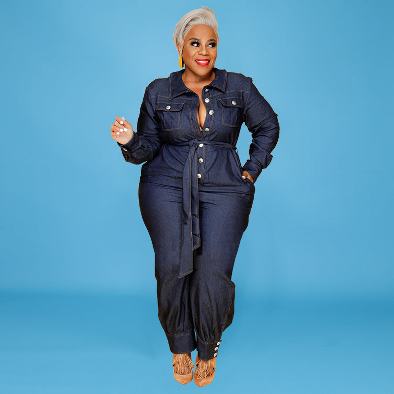 BamBam Fall Plus Size Women's Wash Denim Long Jumpsuit - BamBam Clothing