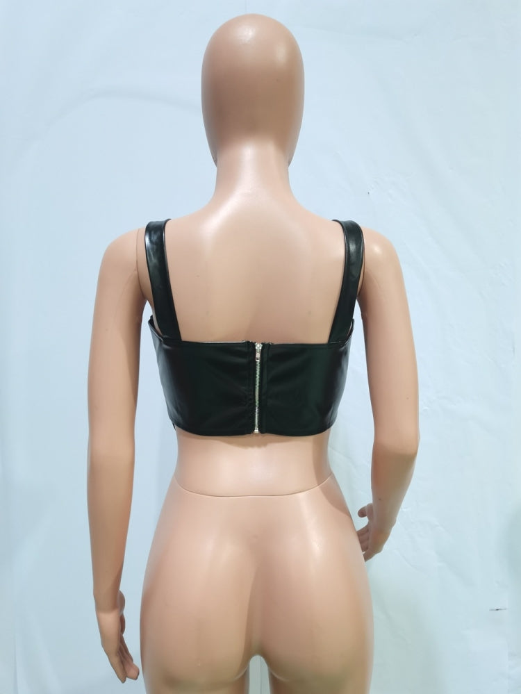 BamBam Spring Fashion Black Pu Leather Zipper Crop Top - BamBam